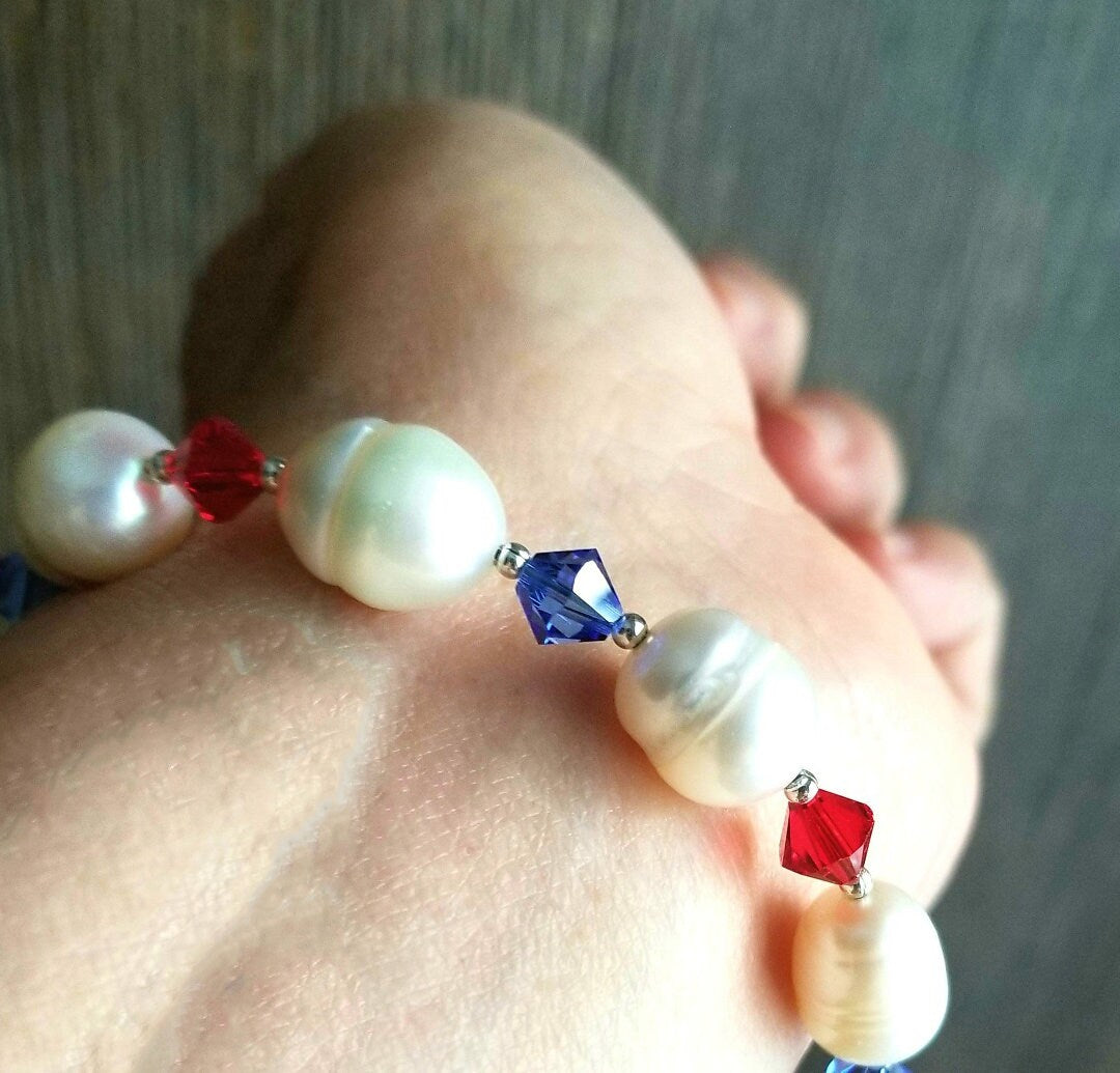 Patriotic Pearl & Crystal Bracelet: Red White Blue Sterling Silver USA
