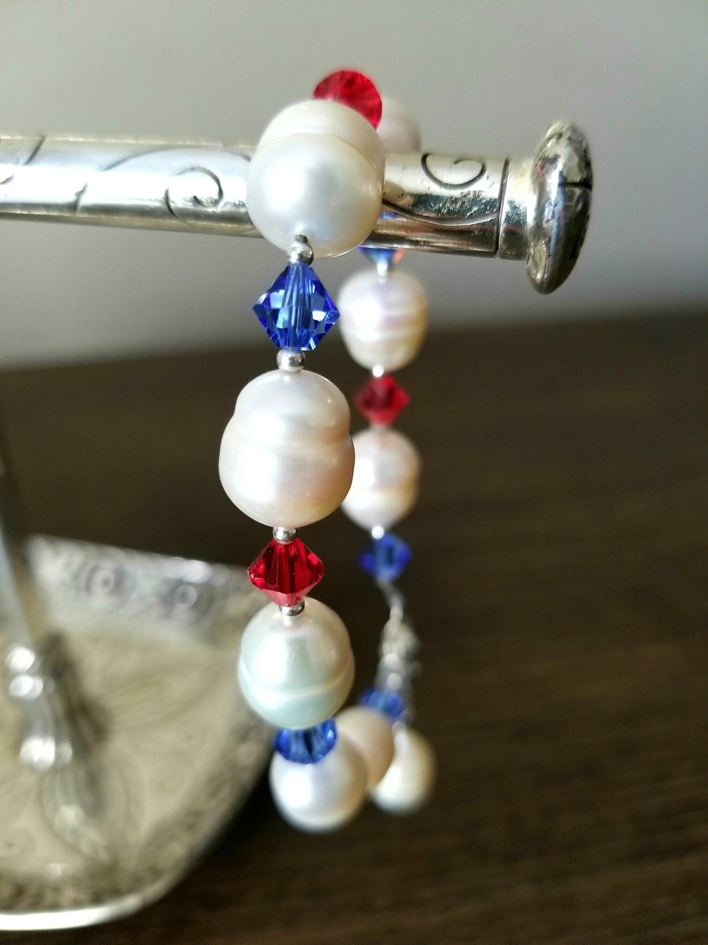 Patriotic Pearl & Crystal Bracelet: Red White Blue Sterling Silver USA