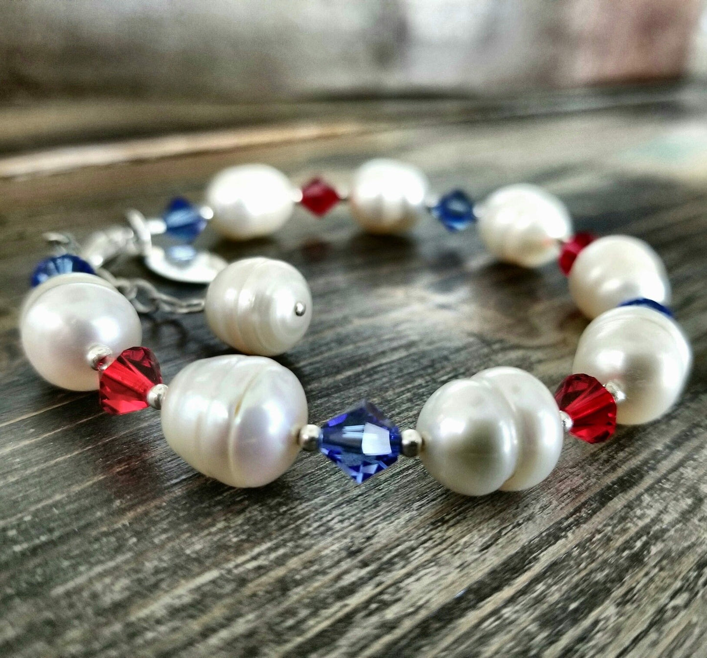 Patriotic Pearl & Crystal Bracelet: Red White Blue Sterling Silver USA