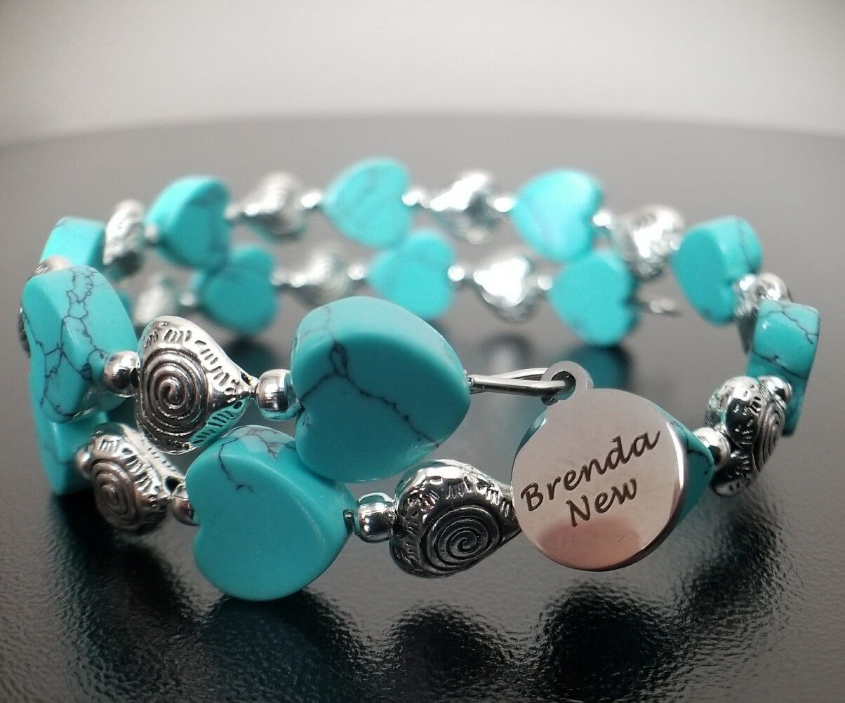 Heart Bracelet Jewelry Valentine's Day Gift for Women; Adjustable, Beaded, Silver, Turquoise