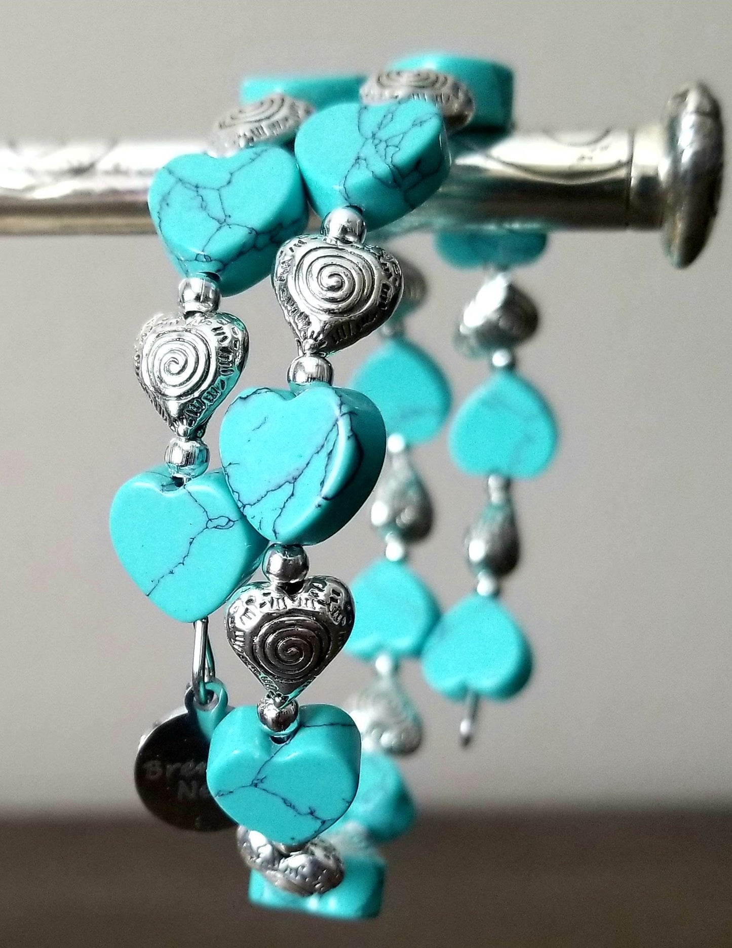 Heart Bracelet Jewelry Valentine's Day Gift for Women; Adjustable, Beaded, Silver, Turquoise
