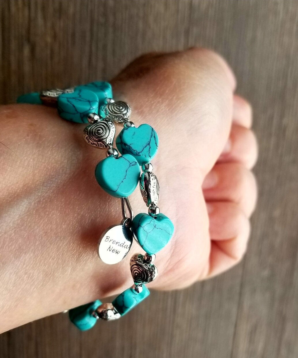 Heart Bracelet Jewelry Valentine's Day Gift for Women; Adjustable, Beaded, Silver, Turquoise