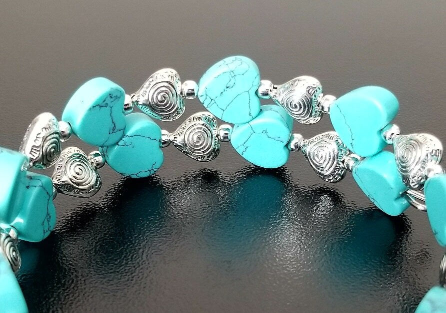Heart Bracelet Jewelry Valentine's Day Gift for Women; Adjustable, Beaded, Silver, Turquoise