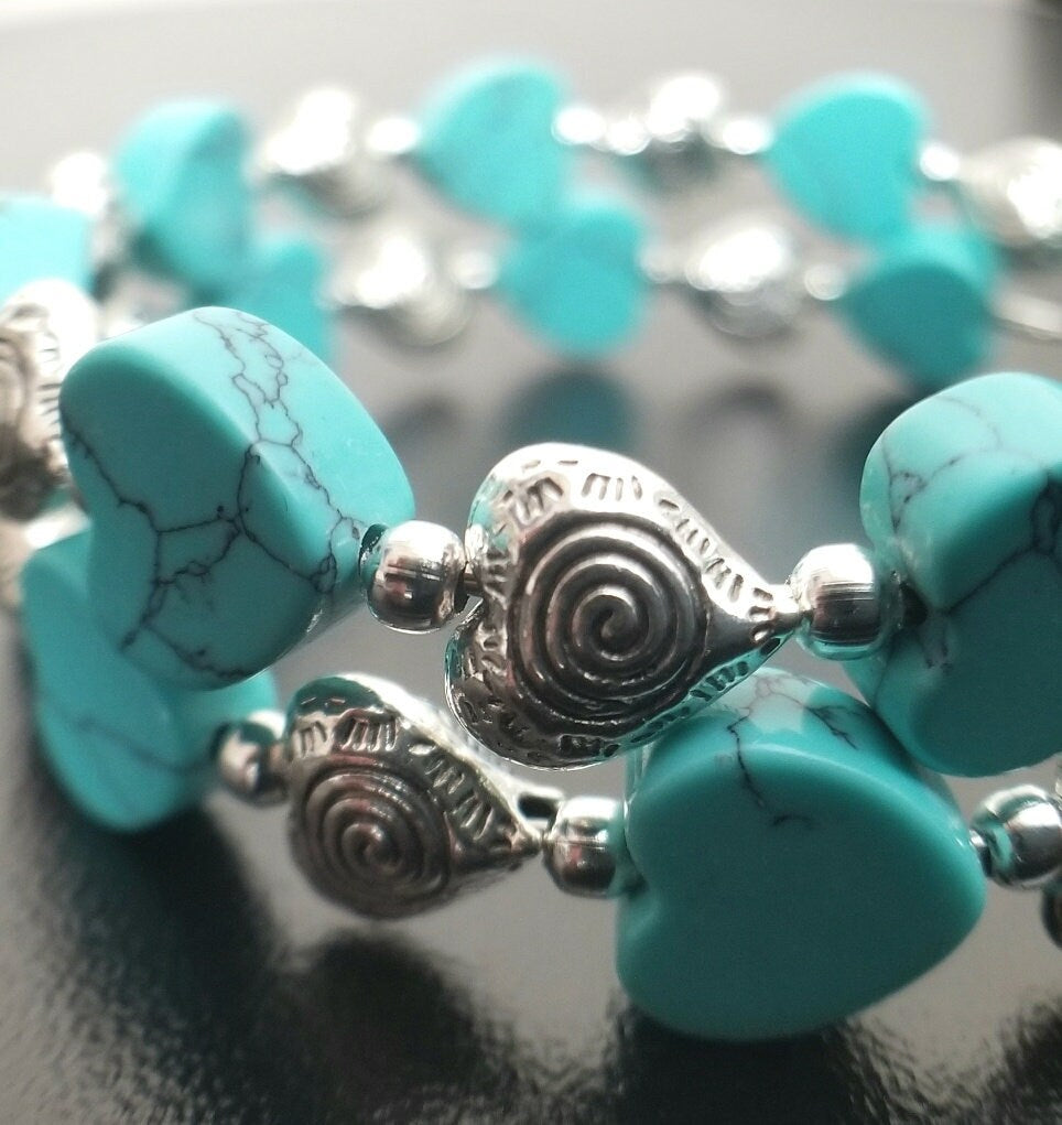 Heart Bracelet Jewelry Valentine's Day Gift for Women; Adjustable, Beaded, Silver, Turquoise