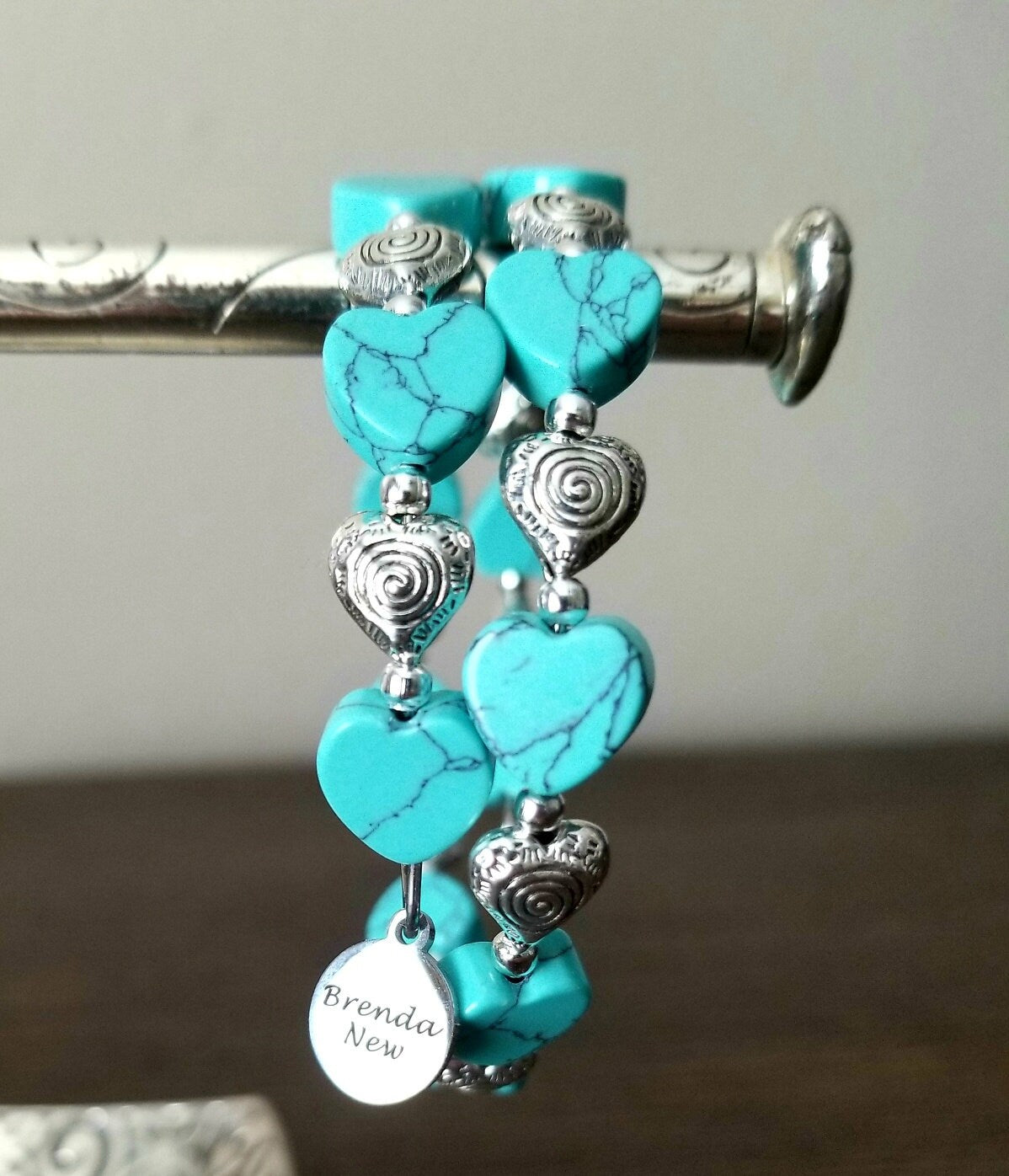 Heart Bracelet Jewelry Valentine's Day Gift for Women; Adjustable, Beaded, Silver, Turquoise