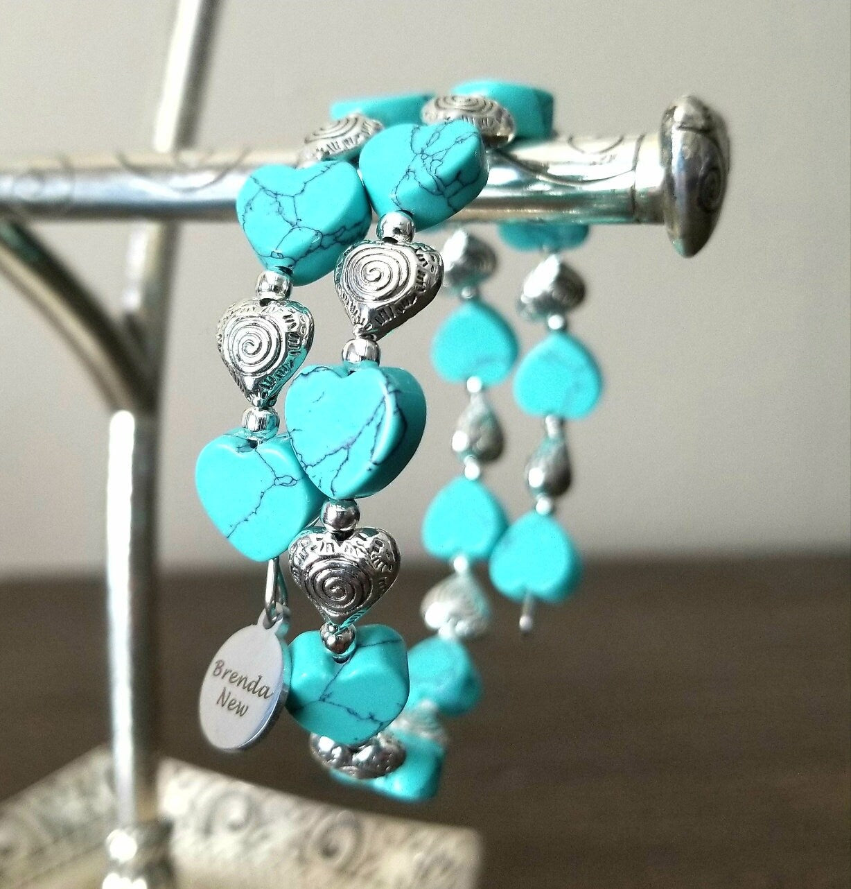 Heart Bracelet Jewelry Valentine's Day Gift for Women; Adjustable, Beaded, Silver, Turquoise