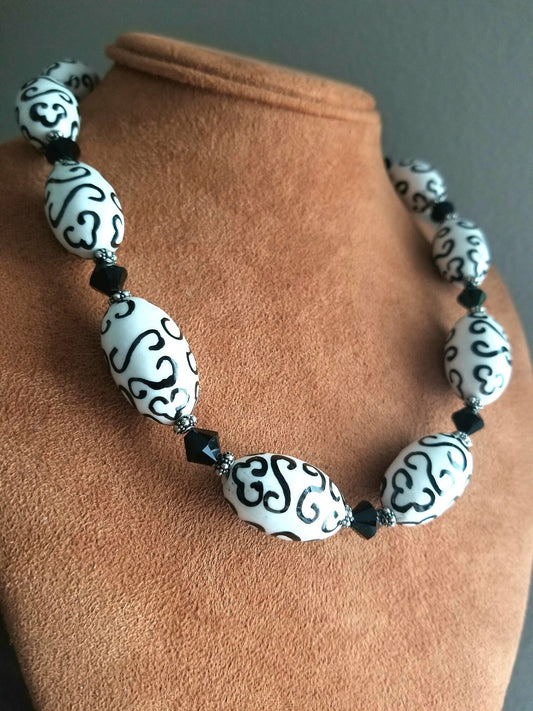 Black and White Statement Necklace Beaded Porcelain Handmade Women's Chunky Boho