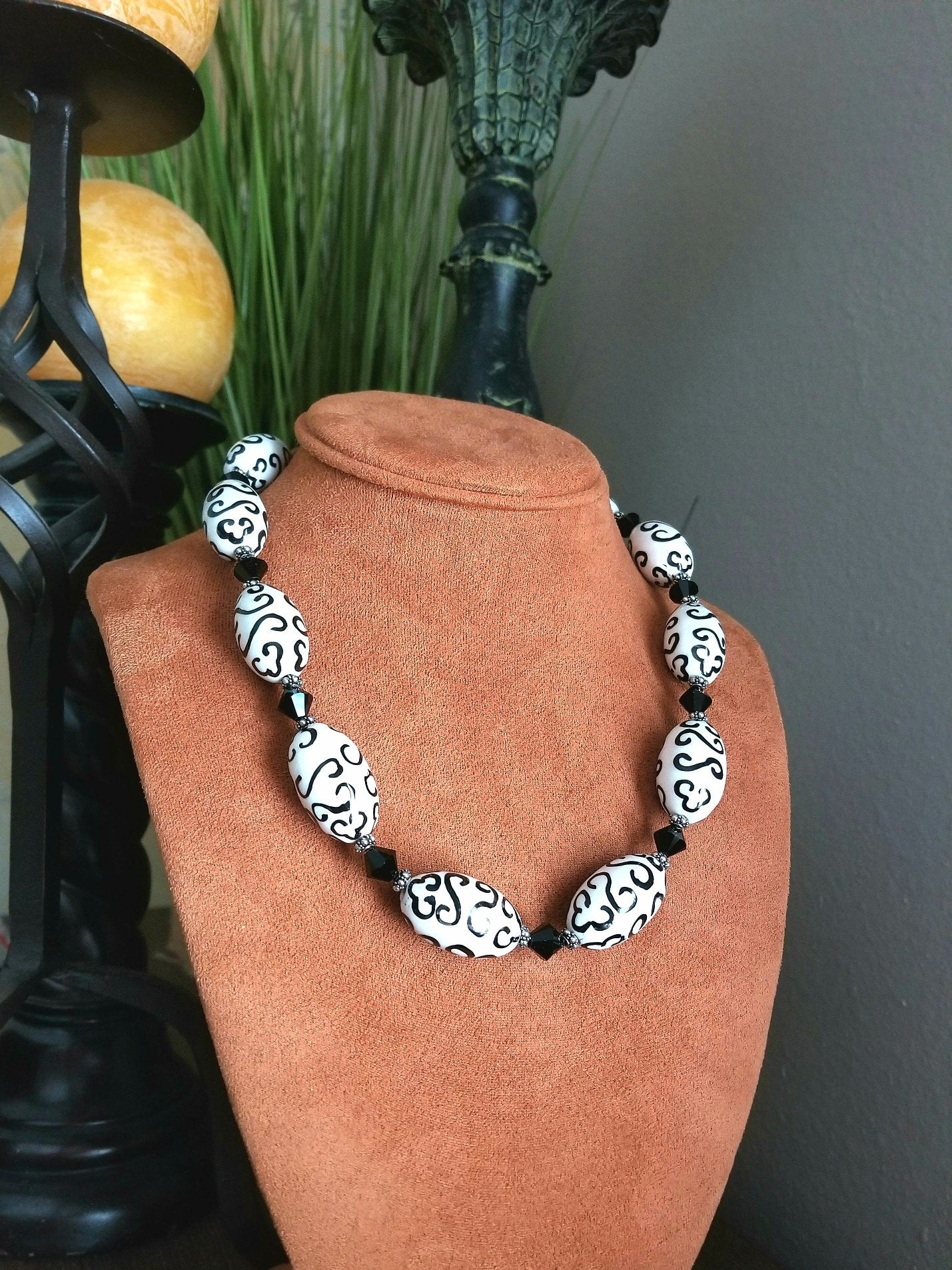 Black and White Statement Necklace Beaded Porcelain Handmade Women's Chunky Boho