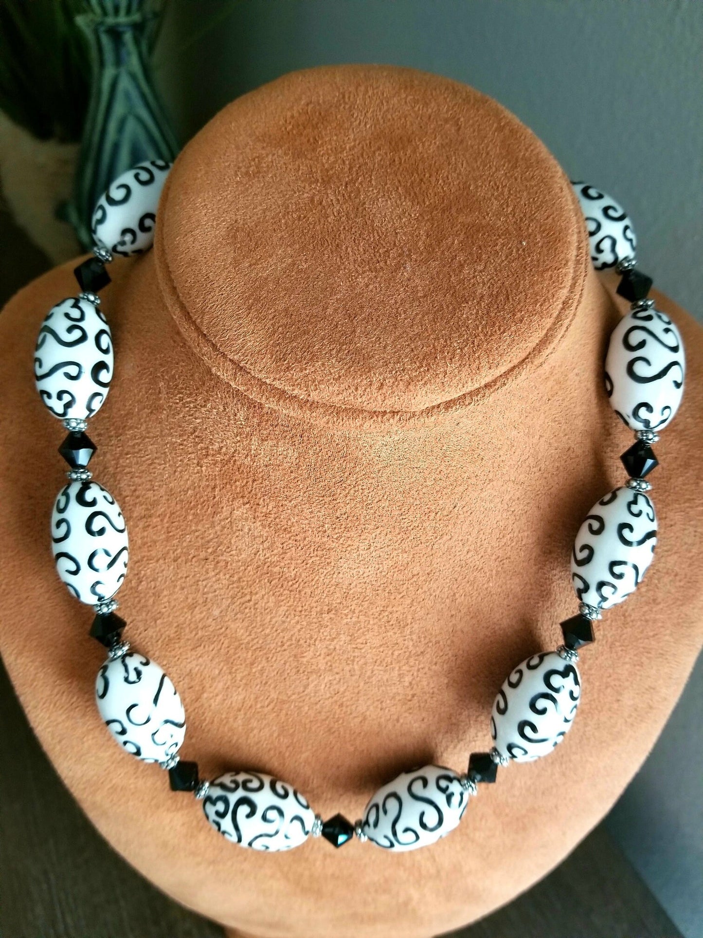 Black and White Statement Necklace Beaded Porcelain Handmade Women's Chunky Boho