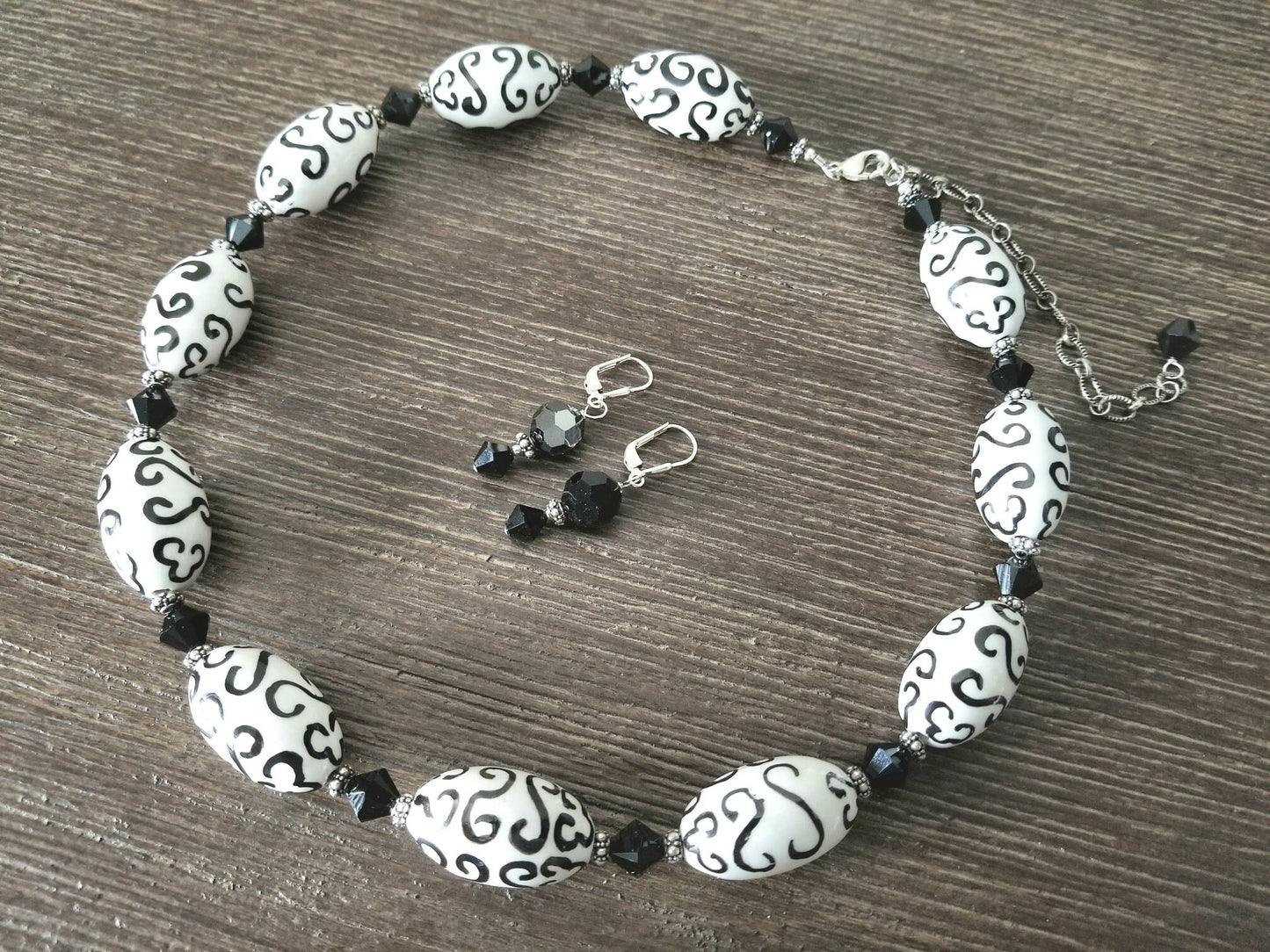 Black and White Statement Necklace Beaded Porcelain Handmade Women's Chunky Boho