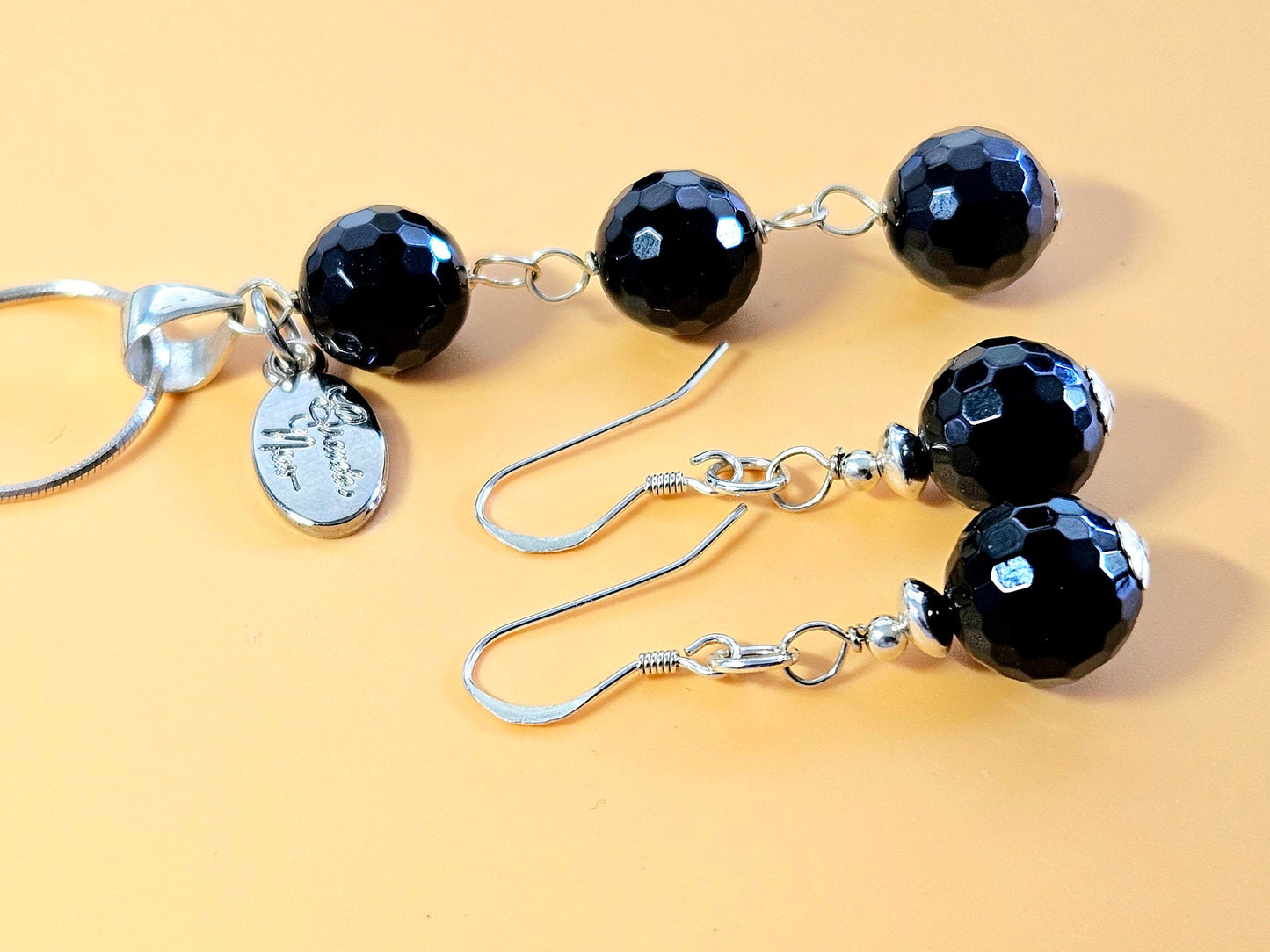 Black Onyx Sterling Silver Jewelry Set: Pendant & Earrings