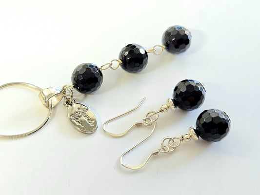 Black Onyx Sterling Silver Jewelry Set: Pendant & Earrings
